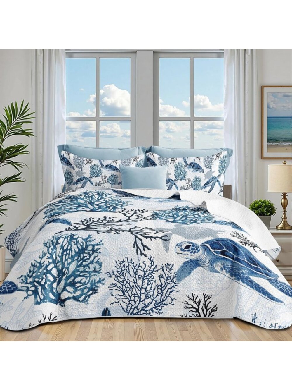 Coastal Sea Turtle Quilt Set, Nautical 3-Piece Bedding, King Size 96"x106